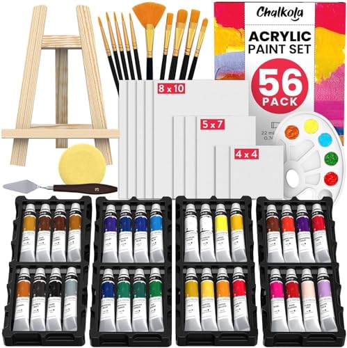 Chalkola Acrylic Paint Set for Adults & Kids - 56 Pcs Canvas Painting Kit with 32 Paints (22ml) 10 Brushes 10 Canvases Tabletop Easel Palette - Professional Craft & Art Painting Supplies