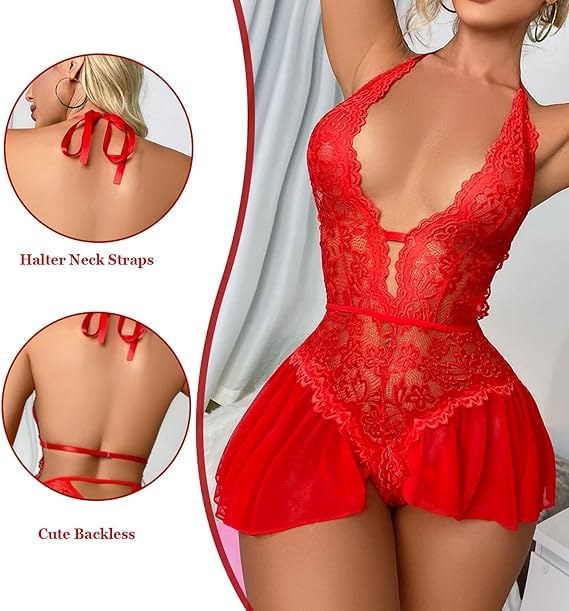 WBDWWTD Nuisette Sexy pour Femme en Dentelle Florale - Body Dos Nu en V Profond - Une pièce Dos Nu - Chemise de Nuit Creuse - Jupe en Maille - Patchwork - Chemise de Nuit pour Femme pour la