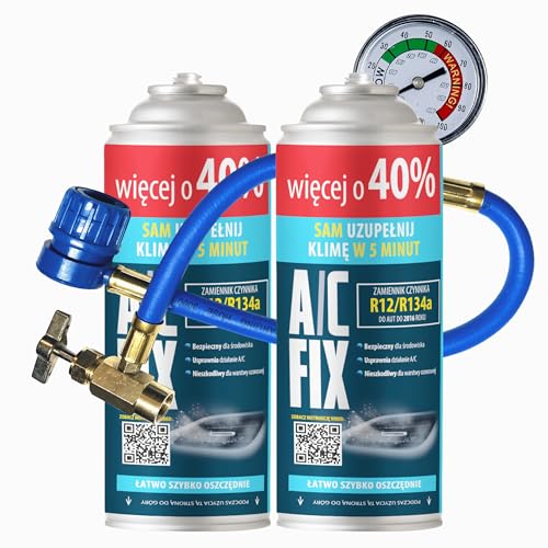Kit di ricarica per l'aria condizionata dell'auto: il gas R134a di A/C FIX è un sostituto sicuro del gas refrigerante e consente una ricarica rapida e semplice degli impianti di climatizzazione dei veicoli. (A/C FIX non contiene fluoro o fluorocarburi, né composti di carbonio o zolfo).
