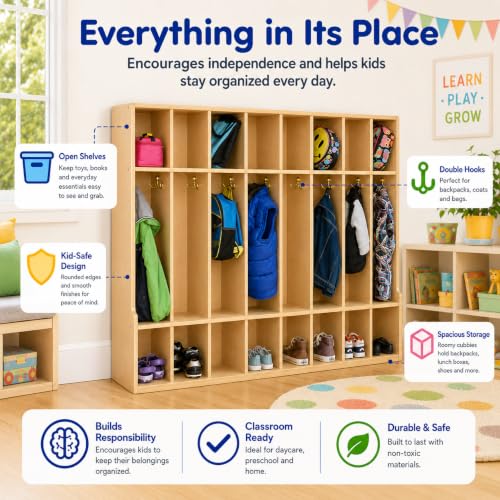 Image of Contender 8 Section Coat Locker with Bench & Cubby Storage, Wooden Backpack Cubby Storage Organizer with Hooks for Daycare, Classroom and Home [Greenguard Gold Certified]