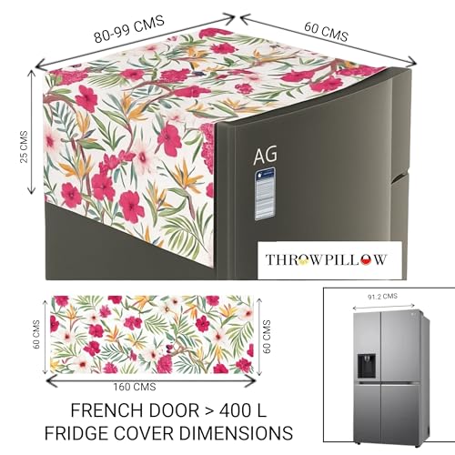 Image of French Door Big Size Fridge Top Cover 400+L | 450 GSM Durable Refrigerator Cover with Corner Tassels & Pockets | Fits Godrej, LG, Haier, Samsung Models |Dustproof Floral Print| WWW.THROWPILLOW.IN