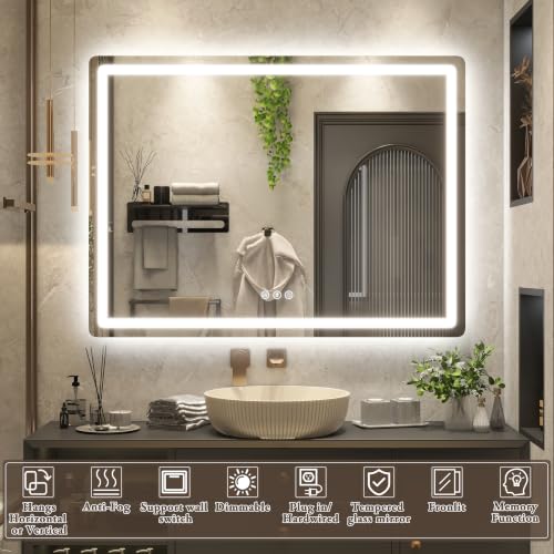 Image of 48 inch x 36 inch Led Bathroom Mirror with Lights, Anti-Fog & Tri-Color Lighting - Wall Mounted Shaving Mirror with Touch Sensor, Waterproof & Smart LED Vanity Mirror,Tempered Glass, Dimmable Smart Mirror