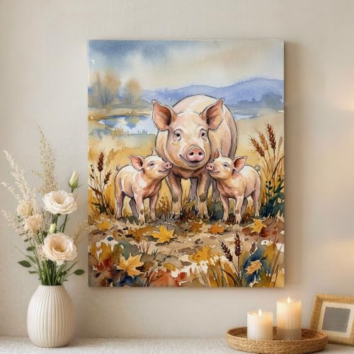 Lienzo de lechones decorativo que aporta calidez rústica beige a tu dormitorio