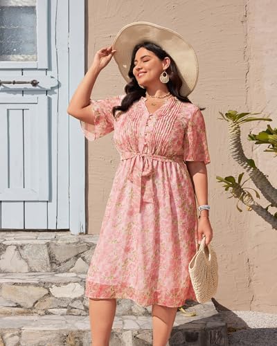 Image of Plus Size Pink Floral Dress for Curvy Women V Neck Short Sleeves High Waisted Boho Midi Dress with Pockets