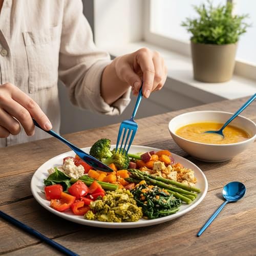 Image of 30 Pcs Blue Cutlery Set for Dining Table the Perfect Lightweight Silim Handle Tableware Including Dinner Spoon, Dinner Fork, Dinner Knife, Dessert Spoon & Dessert Fork