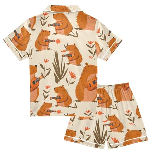 ALAZA Capybara Guitar Blossom Leaf Satin Pajamas Set Short Sleeve Button Down Sleepwear Summer Pjs 2 Piece2