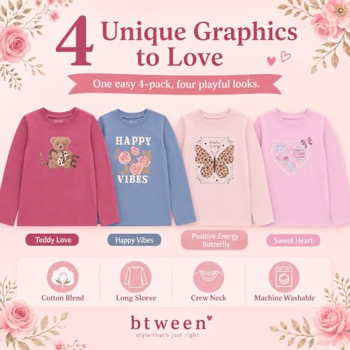 Image of BTween Girls 4 Pack Long Sleeve Graphic T-Shirts Cotton Blend, Fun Vibrant Designs