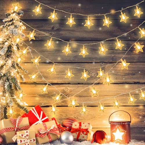 LOVEXIU Guirnalda de Luces Navidad, 6m 40LED Guirnalda de Luces de Estrella, Batería Cadena de luces, Luces de Hadas para decoración de árbol de Navidad, Navidad, Dormitorio, Fiesta(blanco cálido)