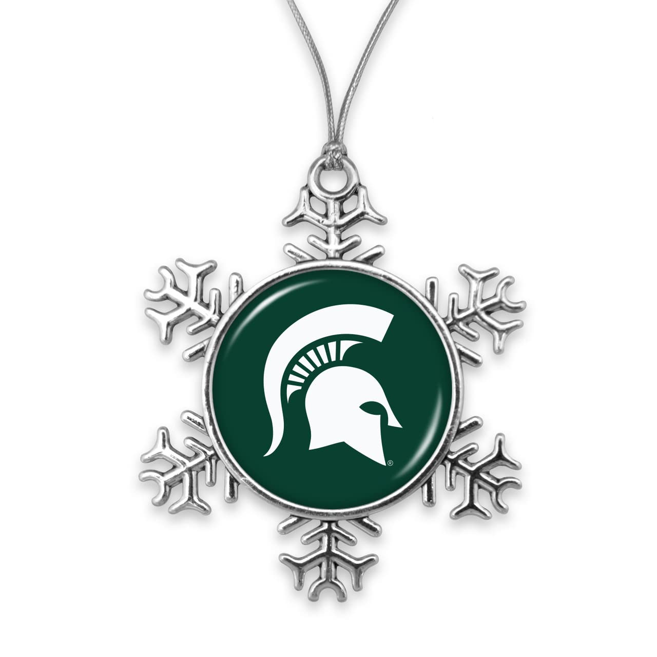 Michigan State Spartans Snowflake with Team Logo Silver Metal Christmas Ornament Gift Tree Decoration MSU