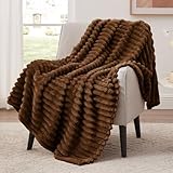EXQ Home Fleece Throw Blanket for Couch or Bed - 3D Stripe Jacquard Decorative Blankets - Cozy Soft Lightweight Fuzzy Flannel Blanket Suitable for All Seasons(50'×60',Brown)