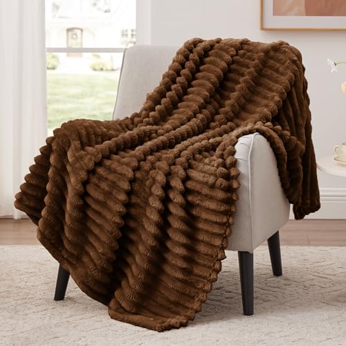 EXQ Home Fleece Throw Blanket for Couch or Bed - 3D Stripe Jacquard Decorative Blankets - 280GSM Cozy Soft Lightweight Fuzzy Flannel Blanket Suitable for All Seasons(5060 Brown)