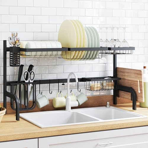 HOMCOM Large Dish Drainer Rack Over The Sink, 2 Tier Adjustable Dish Drainer 51-93cm, Space Saving Kitchen Counter Shelf Organiser, Black