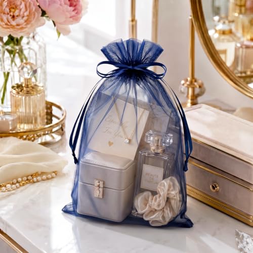 Image of FUNFERY 100PCS Navy Blue Sheer Organza Bags for Candy 3 inchx4 inch | Little Mesh Gift Bags with Drawstring, Small Jewelry Bags Party Favors, Mini Drawstring Pouch for Wedding Favors, Holidays