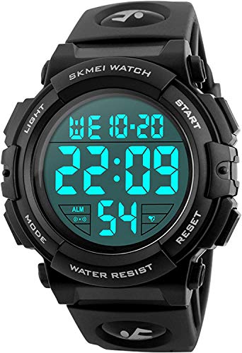 MASTOP Men's Big Dial Outdoor Multifunction Sports Watch Military LED Digital Wristwatch Black Rubber Alarm Watch (Black)