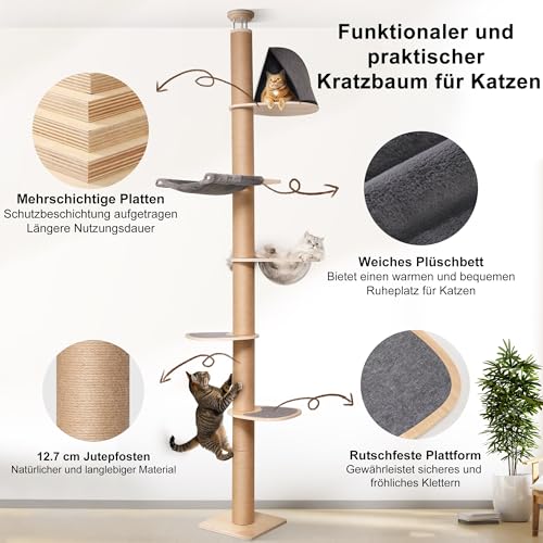 FUKUMARU Kratzbaum, 6 Etagen bis zur Decke reichender Katzenturm(220-300cm), wandmontierter Katzenbaum,aus Natürliches Gummibaumholz, mit Transparente Raumkapsel und gemütlicher Hängematte, grau – Bild 5