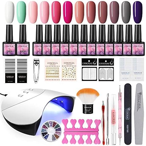 Gel Nail Starter Kit UV Lamp LED Dryer Kit Saint-Acior 12 Colors Gels Nail Polish Starter Kit Curing Dryer Top Coat Base Coat Manicure Tool Nail Salon Set Cover