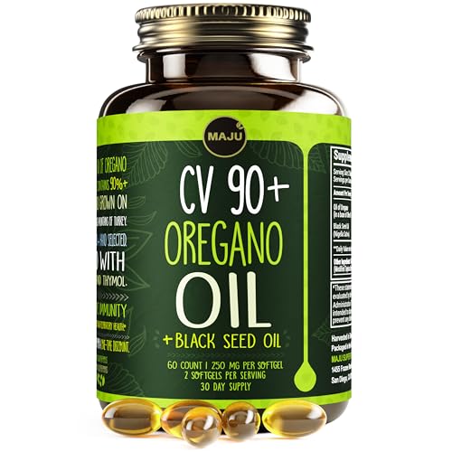 MAJU Oregano Capsules w/Black Seed Oil, 2-in-1 Softgel Oil of Oregano, Potent 90%+ Carvacrol, High Thymoquinone, 60 Count, 500mg per Serving, Wild Oregano and Black Seeds
