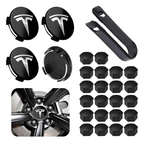 Powlamks 4 Pack Car Wheel Center Hub Cap Kit with 22 Lug Nut Covers 2.2 in (56mm) Wheel Rim Covers Center Hubcaps with Emblem for Model 3 / Model Y Black & Silver Exterior Decoration for Tesla