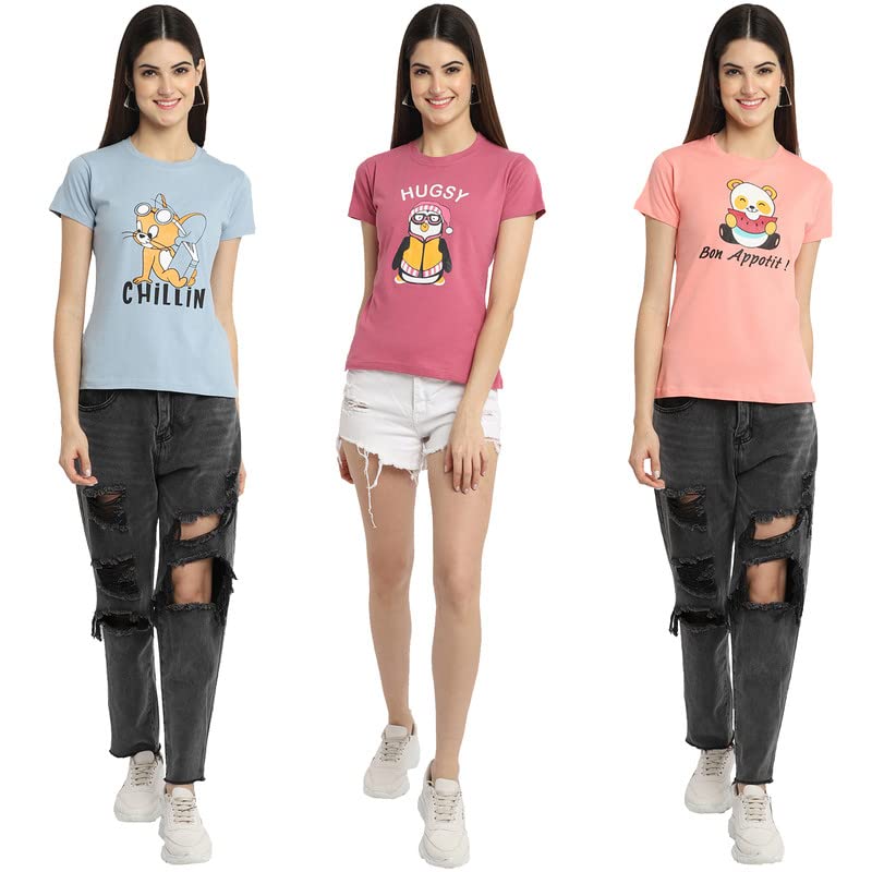 Image of Preneum Women's Cotton Regular Fit Graphic Stylish Printed Short Sleeves Casual T-Shirt || Trendy & Style (Pack 3)