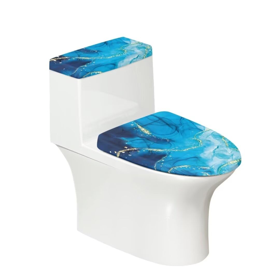 FUIALDOLG Toilet Cover, Dustbin with Lid, Machine Washable Seat Cover, Anti-Slip Elastic Edge, Bathroom Blue Marble Decoration