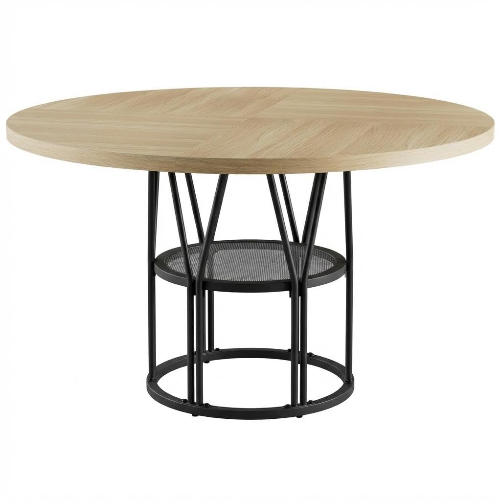 Table de salle à manger ronde de 119,4 cm avec étagère de rangement - Style industriel moderne - Cadre en métal robuste - Pour 4 à 6 personnes - Idéale pour appartement, salon, bureau - Bois