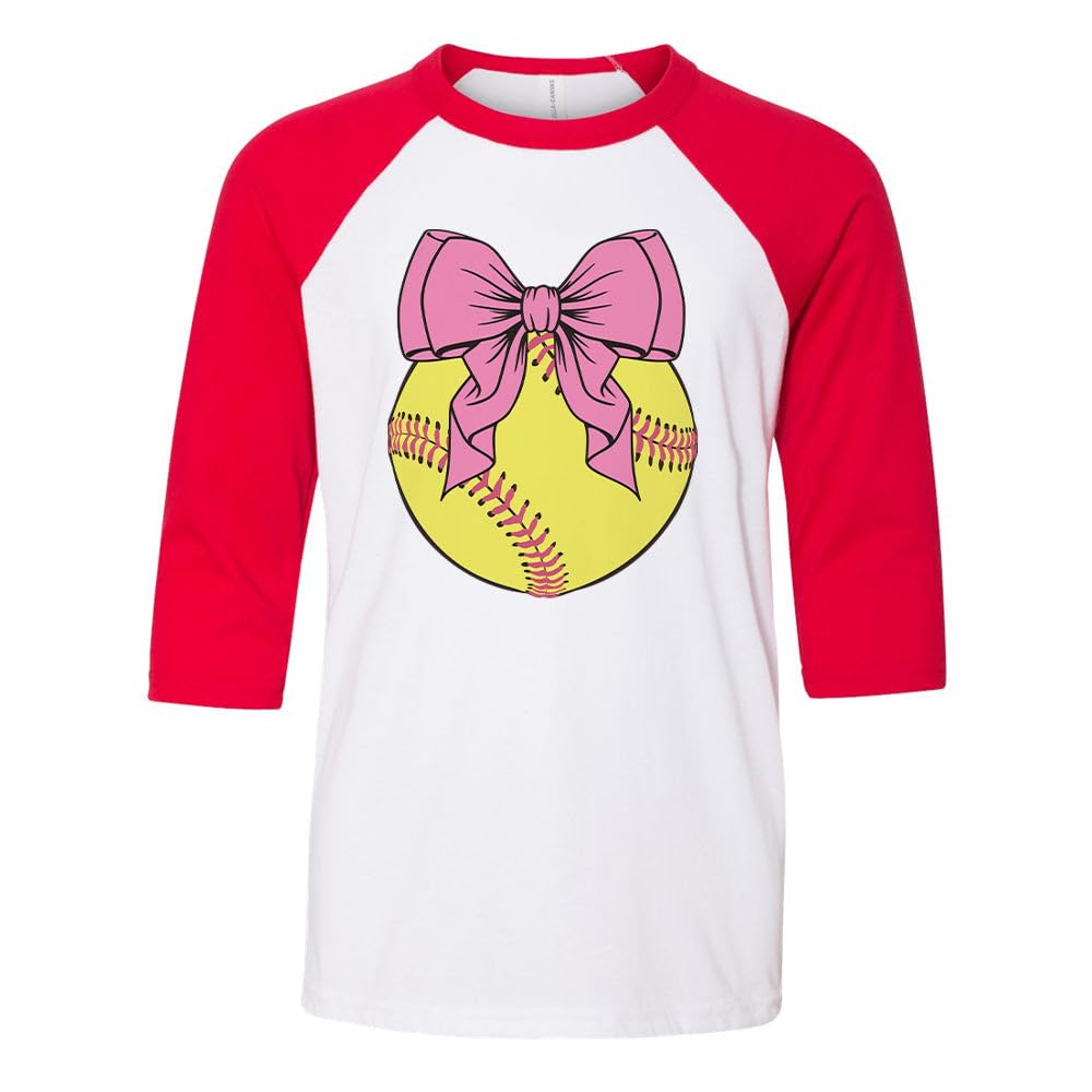 Softball Pink Bow Kids Three-Quarter Raglan Sleeve Baseball Shirt Youth Small White/Red