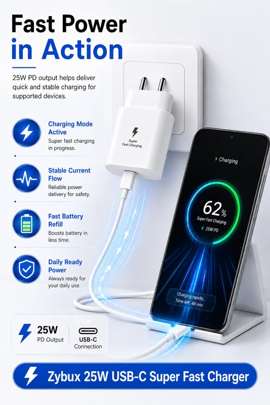 Image of 25W PD 3.0 C-Type Superfast Charging Adapter Compatible with Galaxy A17|M17|F17|M17e|S24|S25|S26|Tab S9|S10 (Ultra, Plus, FE, Pro, Lite) and Other USB C Devices 25 W Charger Travel Adaptor, White