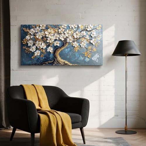 Toile fleurs blanches sur l'arbre de vie tableau décoratif grand format - 2