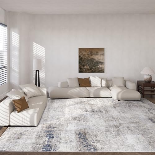 Washable Living Room Area Rugs: 9'x12' Large Area Rug Stain Resistant Distressed Abstract Rug Non Slip Low Pile Faux Wool Soft Area Rug for Bedroom Bedside Indoor Farmhouse Kids Playroom Dining Room