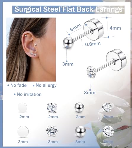 THUNARAZ 16 Pairs Tiny Cartilage Stud Earrings for Women Men Surgical Steel Flat Back Cartilage Earrings Hypoallergenic Cubic Zirconia Tiny Ball Studs Earrings 2mm 3mm Tragus Helix Daith Piercing3