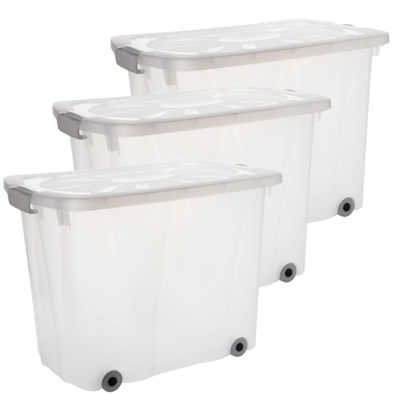 2friends Juego de 3 cajas de almacenamiento con tapa grandes de 60 litros, cajas de plástico apilables para oficina, cocina, garaje y habitación de los niños, prácticas cajas con cierres de clip,
