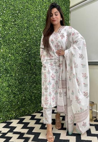 Pinkmint Kurta & Pant With Dupatta Set For Women '' V '' Neck Printed Straight Kurta Set Off White