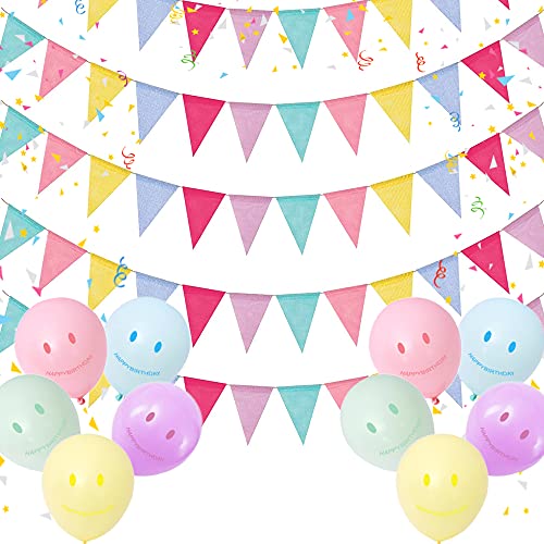 SONVIEE Lot de 5 guirlandes de 60 fanions multicolores + 10 ballons multicolores en lin - Pour extérieur - Pour chambre d'enfant, anniversaire, mariage, fête Cover