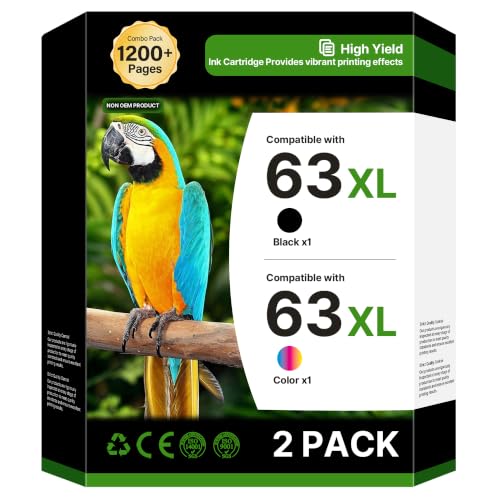 Image of 63XL Ink Cartridges Black and Color (2-Pack) for HP Ink 63 XL B7RT2AN | High Yield for HP 63XL Ink Cartridge Combo Pack Work With HP DeskJet 3634 3637 3639 ENVY 4510 4520 OfficeJet 3830 3833 5255