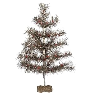 Primitives by Kathy Festive Artificial Silver Tinsel Red Ornaments Christmas Tree 14 Inch x 18 Inch