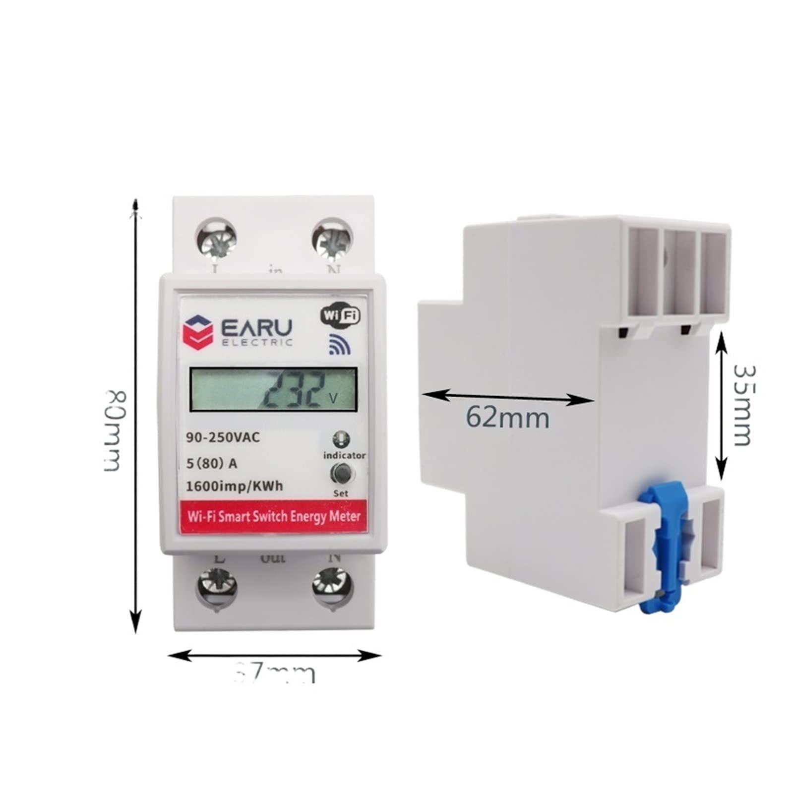 Monitor de energía del medidor inteligente, WiFi Smart Power Energy Meder Consumo KWH Voltmeter DIN Rail Control Remoto Interruptor Smart Life Tuya Alexa Google Home Fácil instalación Fácilmente legib