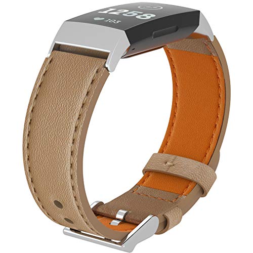 Velavior Leather Bands Compatible with Fitbit Charge 3 / Fitbit Charge 4, Replacement Genuine Leather Wristbands Metal Connectors Strap for Women Men Gift (Small 5.9