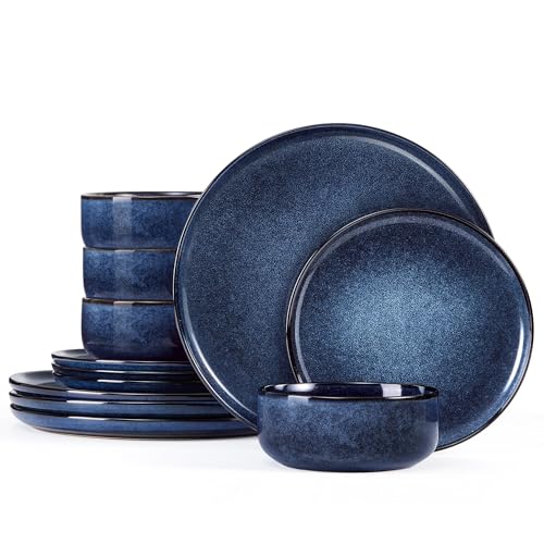 Homikit 12 Piece Dinner Set, Reactive Glaze Kitchen Dinnerware Sets for 4, Elegant Stoneware Included Plates and Bowls, Non-Scratch & Sturdy, Dishwasher & Microwave Safe, Nebulas Blue