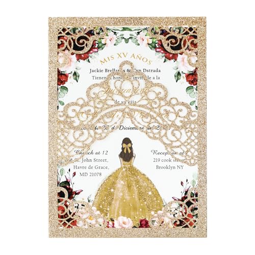 Hosmsua 50PCS Blank Gold Glitter Quinceanera Invitations with Envelopes, 5.1x7.3