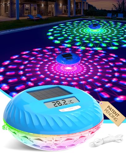 LuxBlue 2 en 1 Thermometre Piscine Solaire et Lampe Piscines, Thermometre Piscine Flottante avec Spectacle Lumineux Sous-marin Coloré, IP68 Ultra-précis...