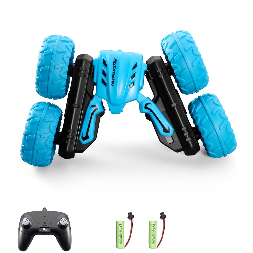 Remote Control Car Stunt RC Cars Blue Car Double Sided Swing Arm 360° Flips Rotating 4WD Outdoor Indoor Dance Car Toy Present Gift for Boys/Girls Ages 6+ ,2 Pcs Rechargeable Batteries