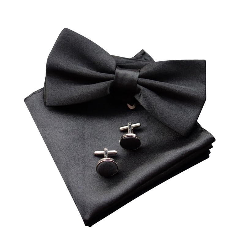 Men's Pre-tied Bowties Velvet Solid Color Adjustable Bow Tie and Pocket Square with Cufflinks for Wedding Party (Color : Black)