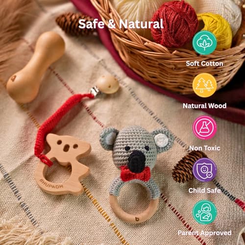 Image of Newborn Gift Box Koala Collection (0-12 Months) | 3-in-1 Set with Crochet Rattle, Wooden Dumbbell Rattle & Koala Teether | Montessori Baby Toy| BPA Free | Non-Toxic Cotton & Beechwood | Gift Box
