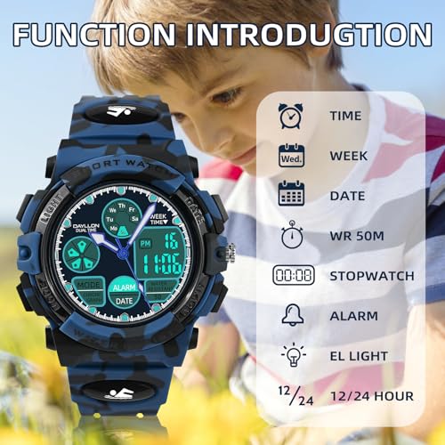 Image of Dayllon Boys Watch,Kids Watch for 5-15 Year Old Boys,Digital Sport Outdoor Multi Function Waterproof with LED Alarm Calendar Analog Watch for Kids Gifts