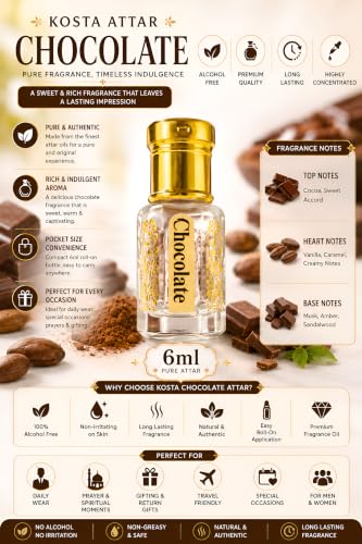 Image of KOSTA Chocolate Oud Attar 6ml | Alcohol-Free Long Lasting Perfume Oil | Sweet Chocolate Oud Fragrance | Unisex Roll-On Attar for Men & Women | Pocket Size Perfume