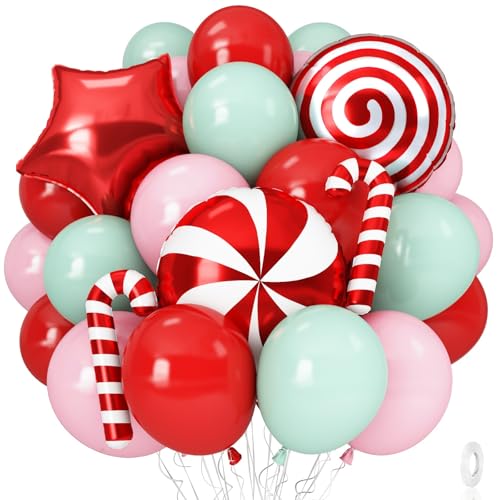 Image of Christmas Balloons Set, 35pcs Xmas Baby Pink Red Light Green and Candy Cane Star Foil Balloons for Merry Christmas Candy Theme Candyland Party Baby Shower Gender Reveal New Year Decorations Supplies