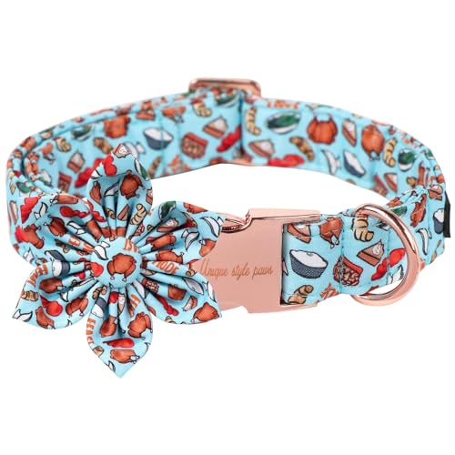 Unique Style Paws Dog Collar With Turkey Flower, Comfortable Cotton Adjustable for Boy Girl Dogs Metal Buckle, S, Neck 10-16in