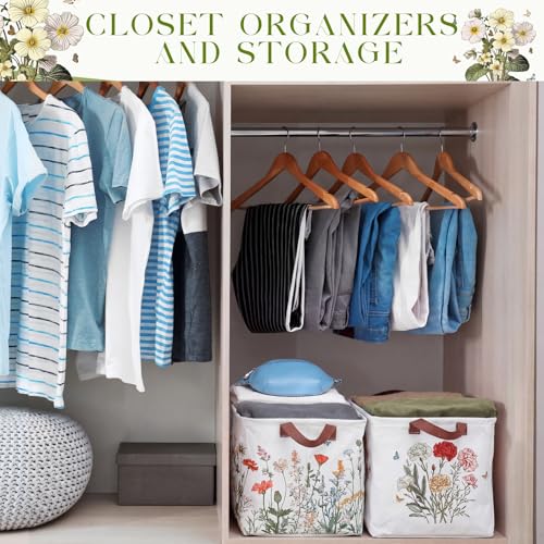 Image of Fourluoo 6 Pack Floral Storage Basket with Handles Clothes Storage Basket Bin Foldable Box Bins Organizer for Closet Shelf Nursery Kid Room Book Toy Chest(6,Wildflower)