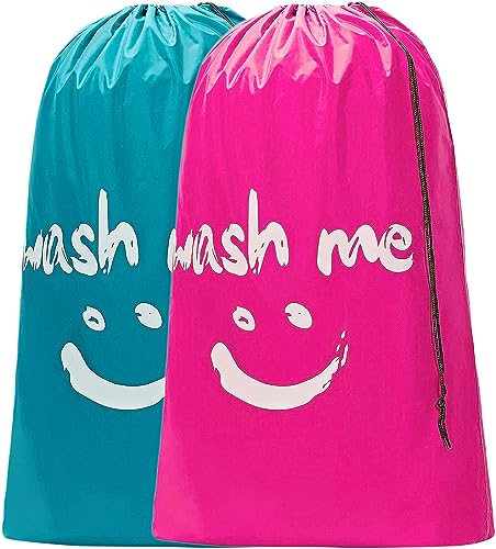 CJWLKJ 2-Pack XL Travel Laundry Bags, Machine Washable Dirty Clothes Organizer, Large Enough to Hold 4 Loads of Laundry, Easy Fit a Laundry Hamper or Basket (Pink+Blue, 24" x 36")