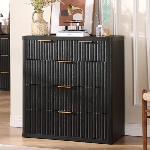 Image of LEYAOYAO Fluted 5 Drawers Dresser for Bedroom Set of 2, 34 inch Tall Modern Chest of Drawers with Metal Handle, Curved Profile Design,Black Wood Drawer Organizer for Bedroom, Living Room, Hallway